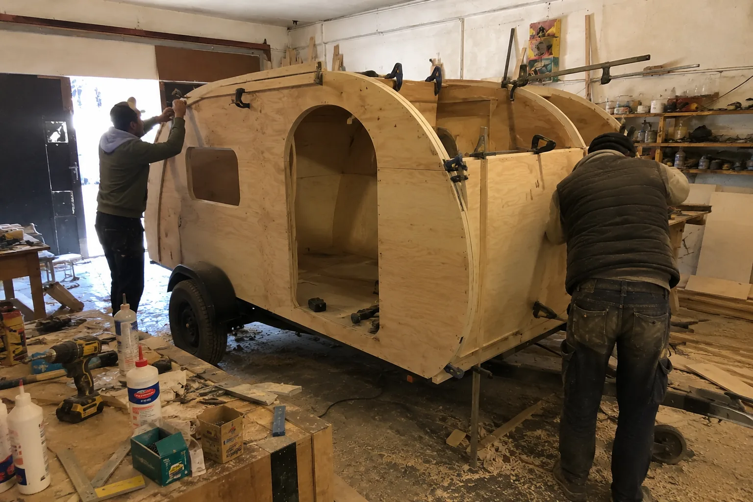 L'équipe en plein assemblage d'une caravane teardrop sur-mesure
