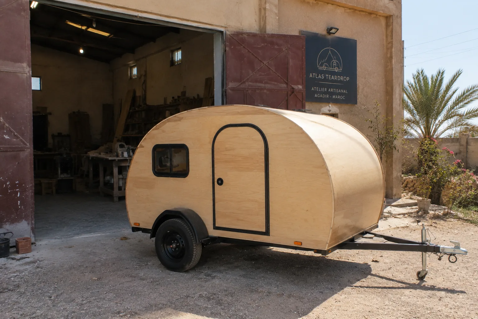 Une caravane teardrop fraîchement terminée dans l'atelier d'Agadir