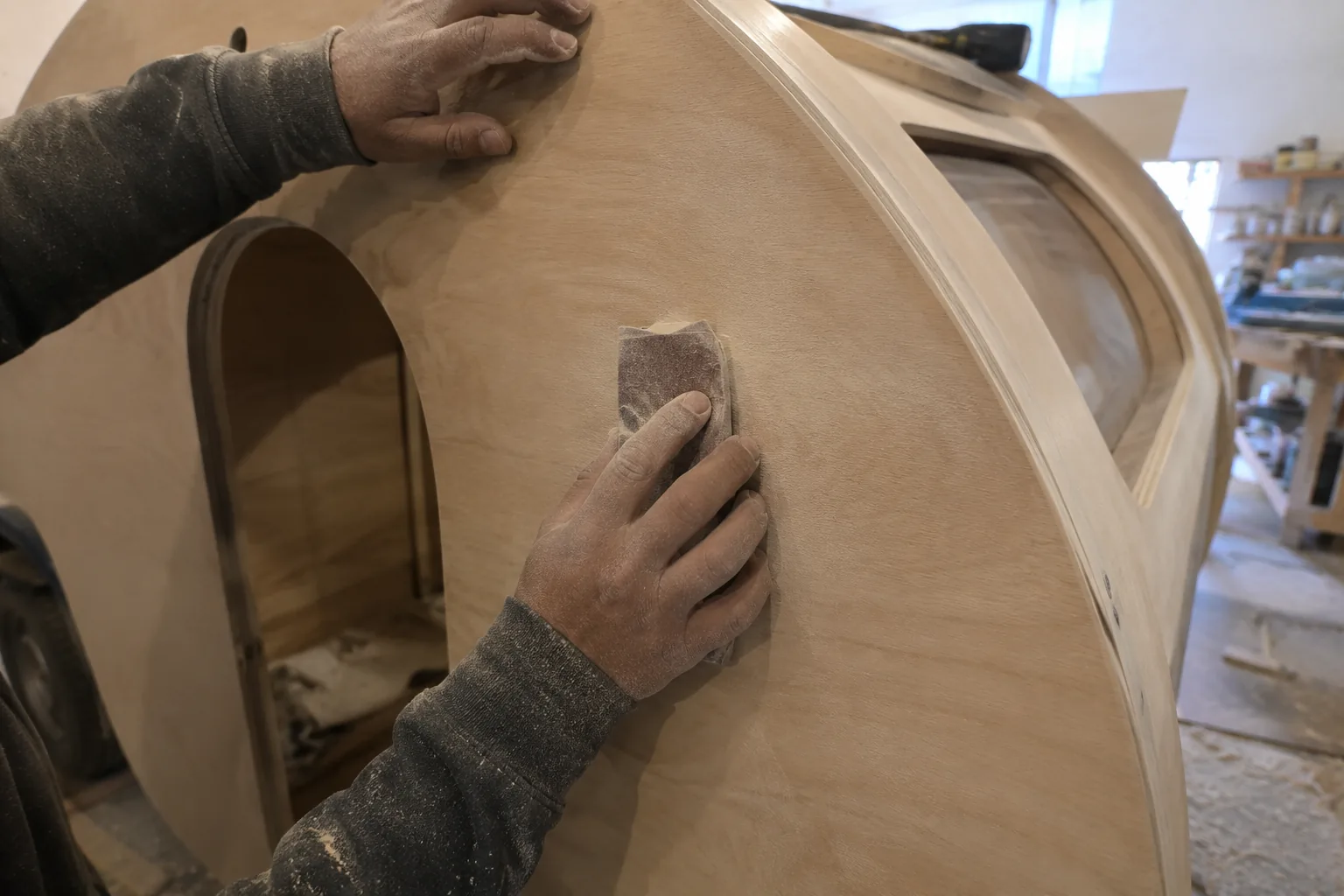 Finitions à la main sur le bois et la peinture d'une teardrop
