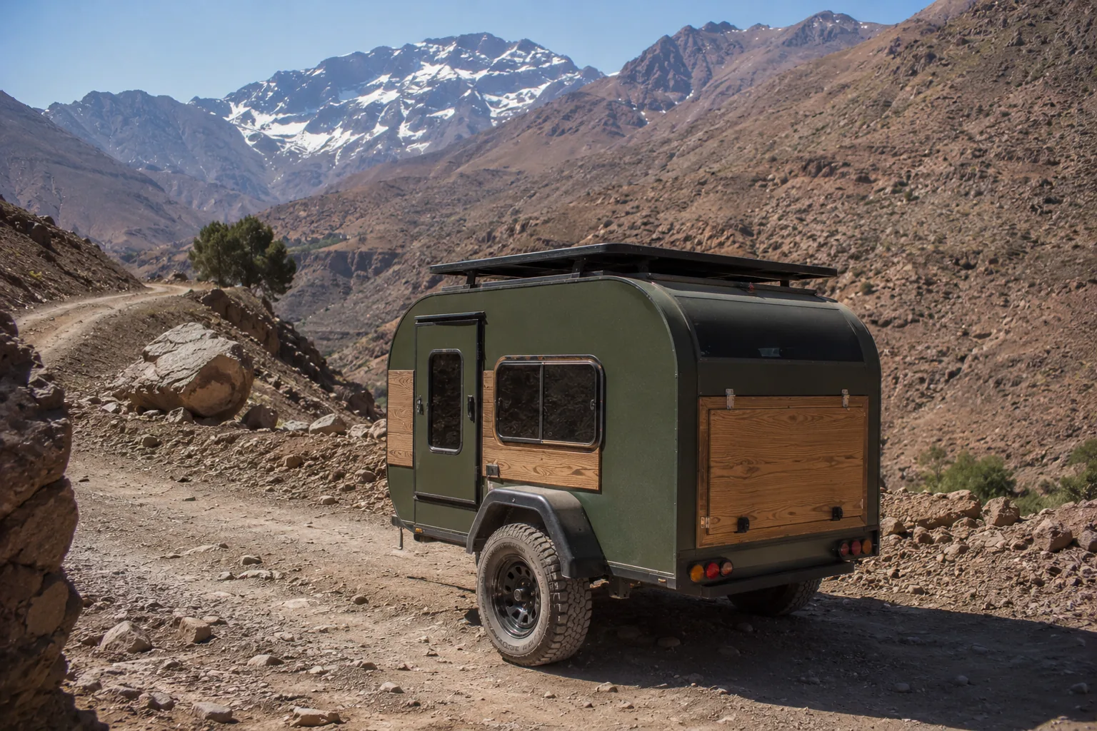 Atlas Teardrop — caravane teardrop sur-mesure dans les montagnes de l'Atlas marocain