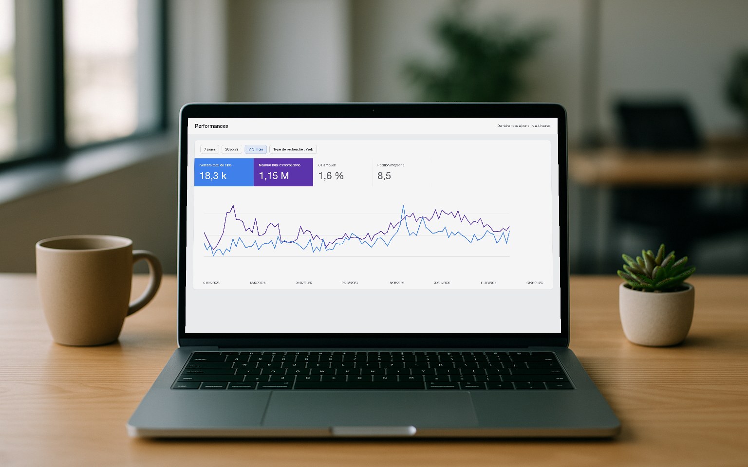 Courbe Search Console d'un client Adseen sur ordinateur portable