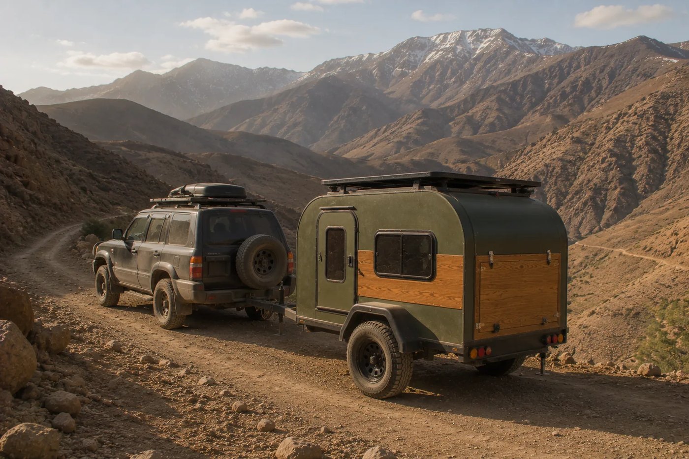 Caravane teardrop Atlas Teardrop sur une piste de l'Atlas