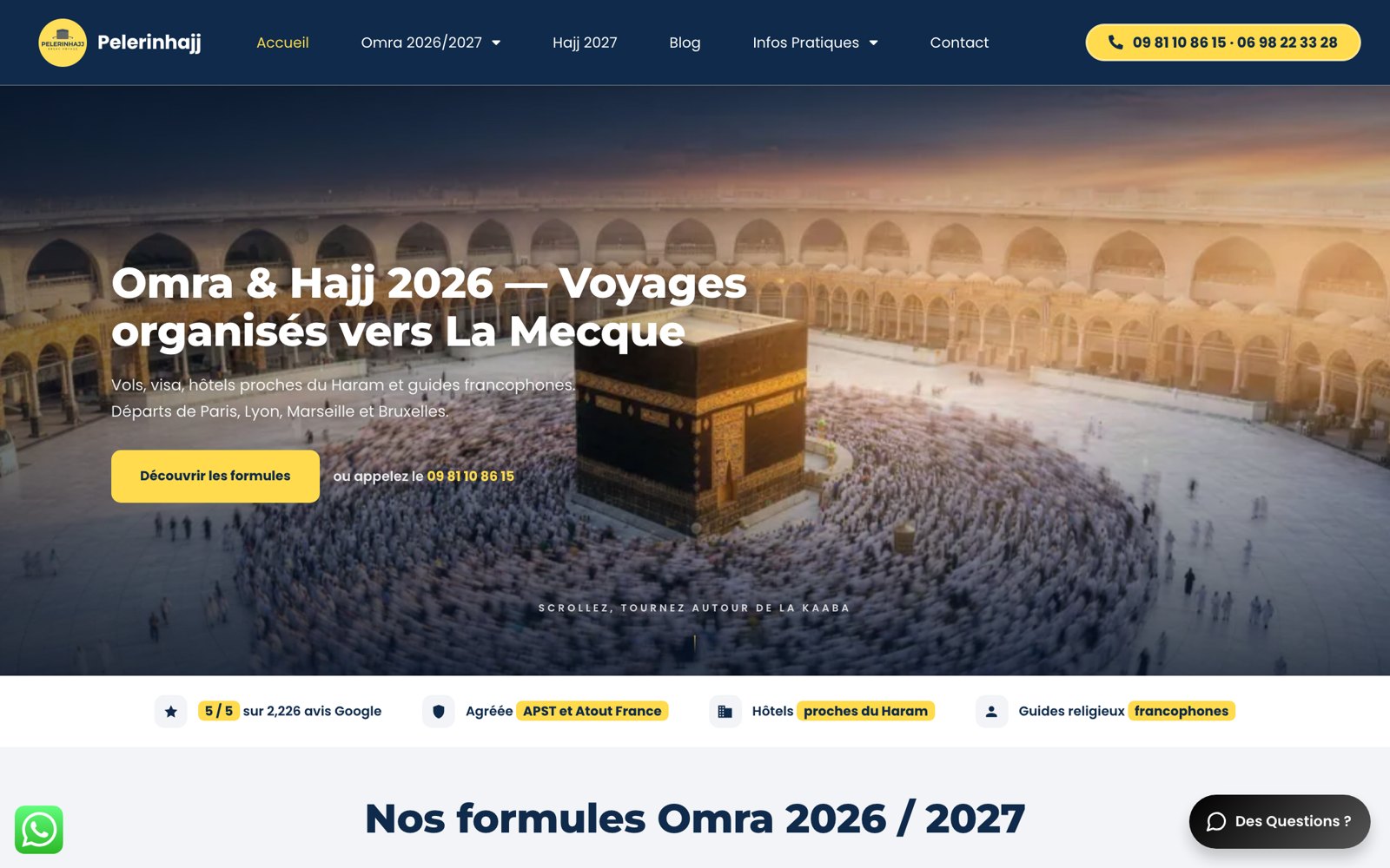 Page d'accueil pelerinhajj.com, agence Omra et Hajj