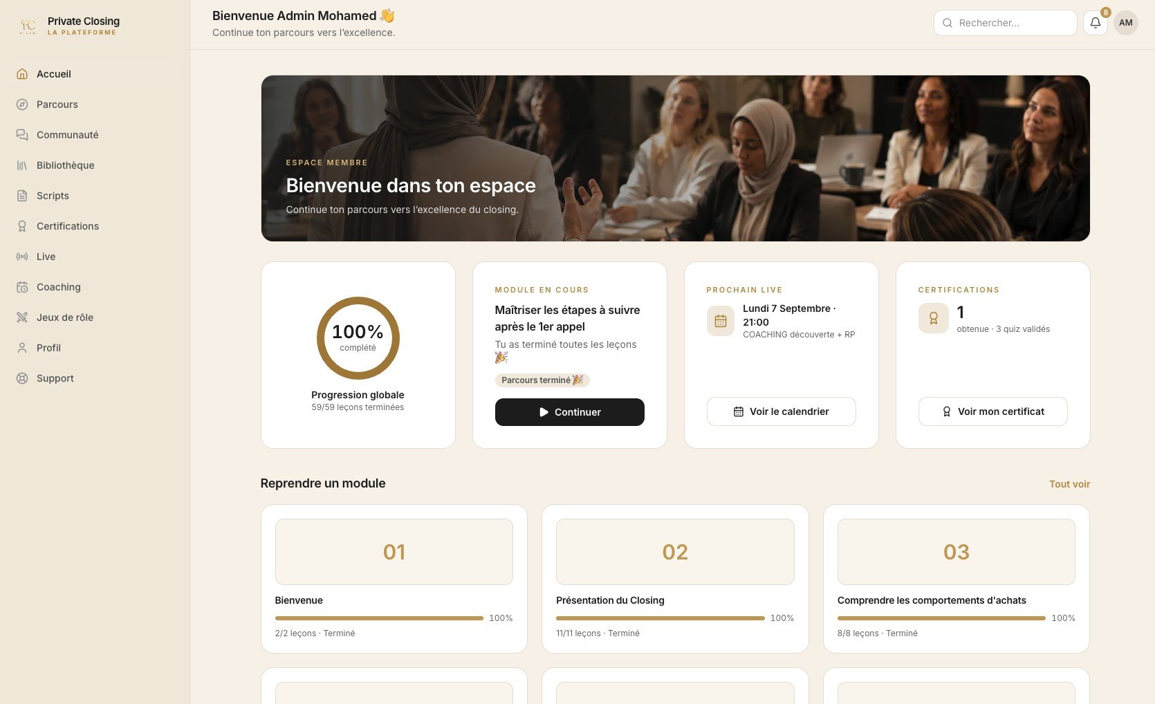 Plateforme de formation Private Closing, espace élève